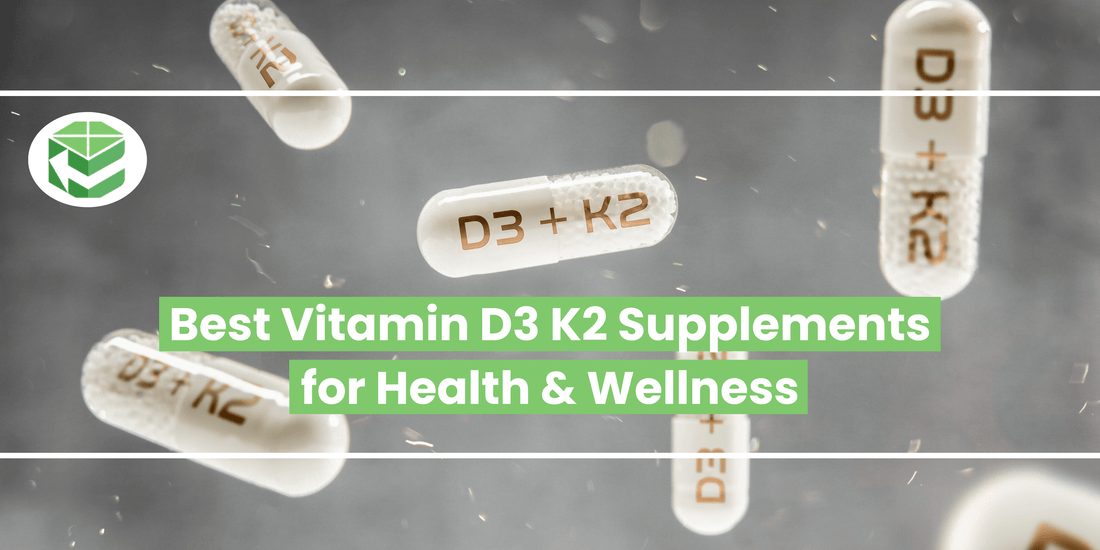Floating capsules labeled “D3 + K2” highlighting best vitamin d3 and k2 supplements.