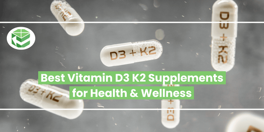 Floating capsules labeled “D3 + K2” highlighting best vitamin d3 and k2 supplements.