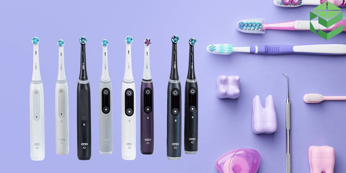Oral-B iO Series electric toothbrushes in various colors, displayed against a purple background with dental care tools and accessories.