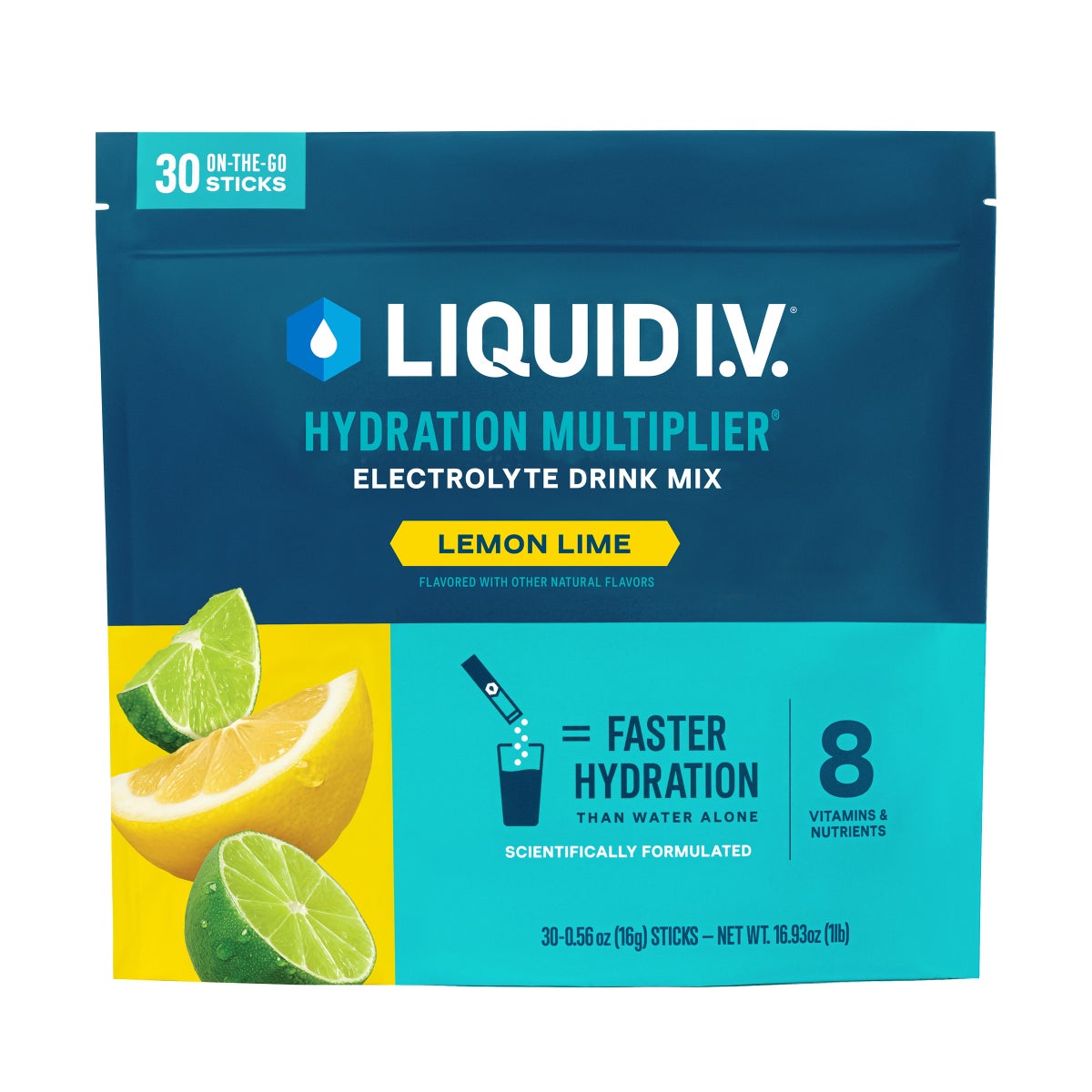 Liquid I.V. Hydration Multiplier, 30 Individual Serving Stick Packs in Resealable Pouch, Lemon Lime