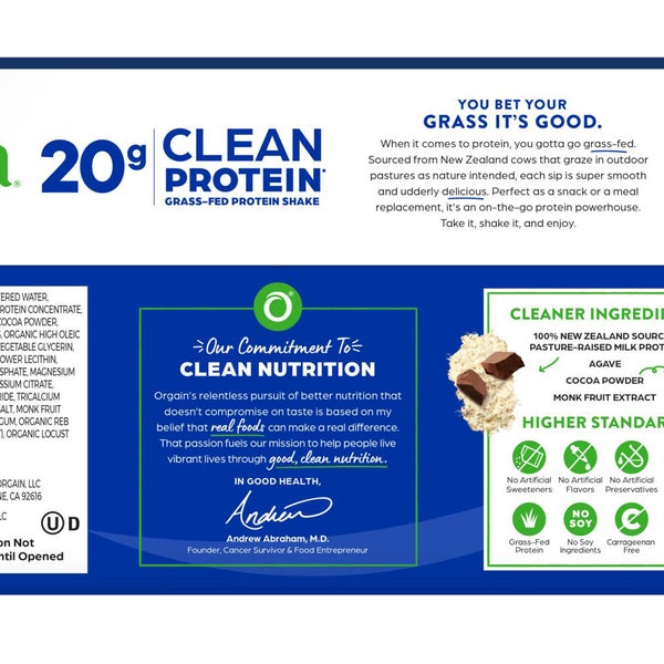 Orgain Clean Grass Fed Protein Shake, Creamy Chocolate Fudge, 11 fl oz, 18-pack