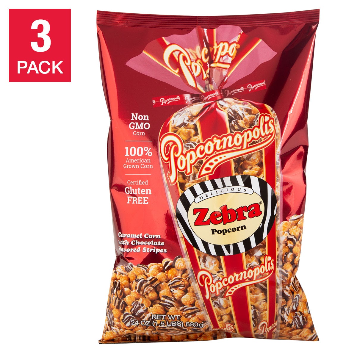 Popcornopolis Zebra Popcorn 24 oz, 3-count