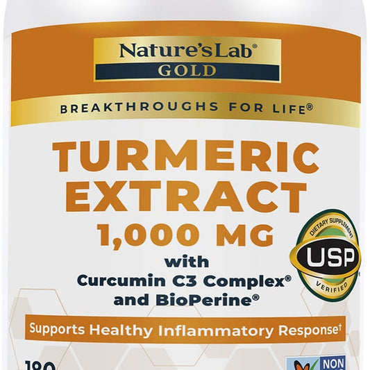 Nature's Lab Turmeric Extract 1000mg with Curcumin C3 Complex & BioPerine, 180 Vegetarian Capsules