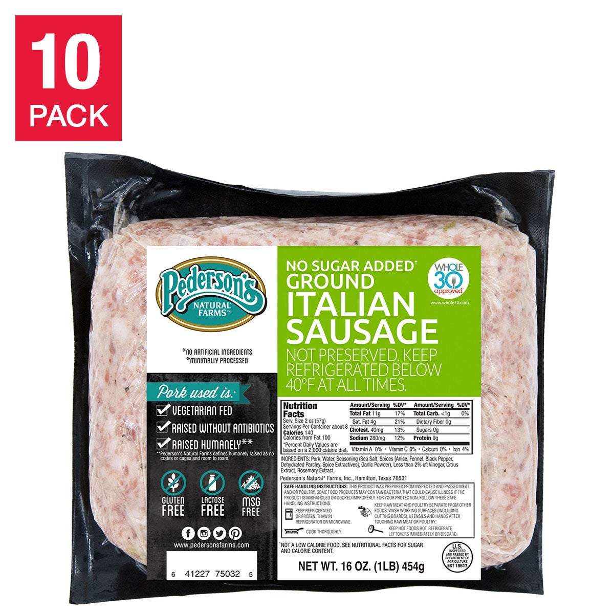 Pederson Natural Farms No Sugar Italian Ground Sausage 1 lb, 10-pack