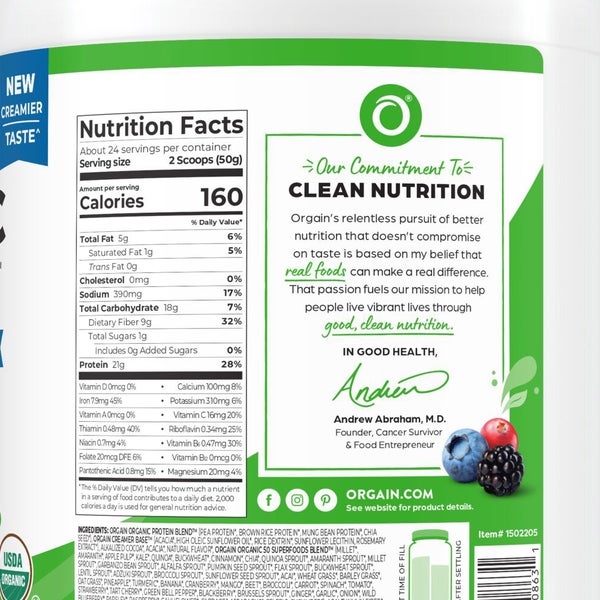 Orgain Organic Protein and Superfoods Plant Based Protein Powder, Creamy Chocolate Fudge, 2.64 lbs