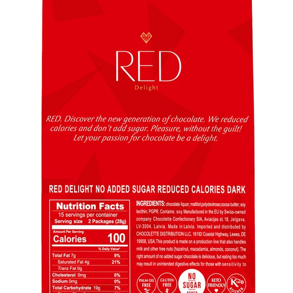 RED Delight Vegan Dark Chocolate Bars 30 - 14 Gr. Snack Size Bars Per Bag, 2-pack