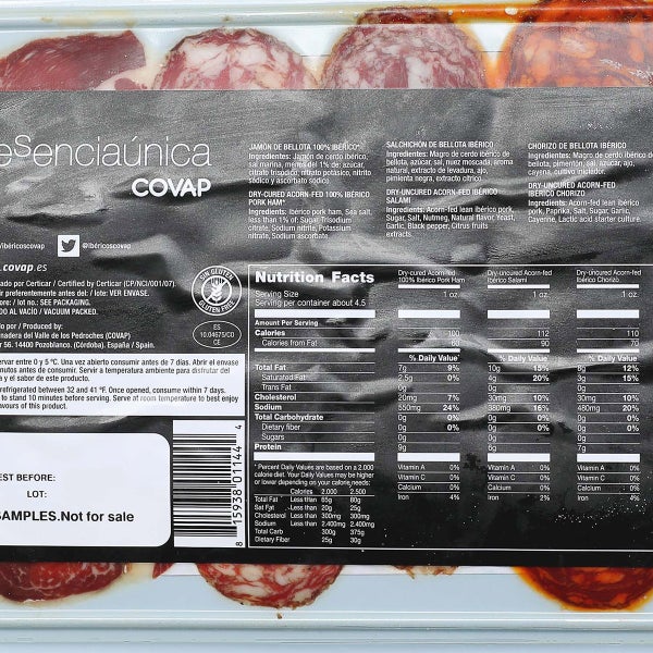 Sampler: Dry-Cured Acorn-Fed 100% Iberico Pork Ham and Salami and Chorizo, 4.5 oz, 3-pack