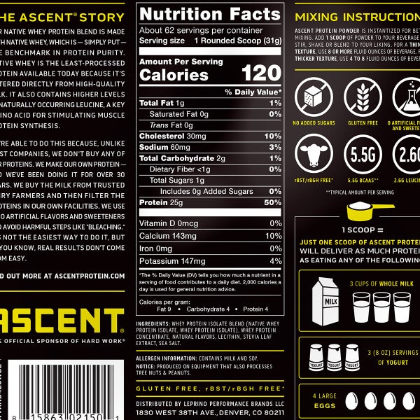 Ascent 100% Whey, Native Whey Protein Blend, Vanilla Bean, 4.25 lbs