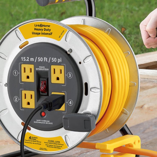 Link2Home Professional Grade Metal Cord Reel 50ft 12AWG Extension Cord