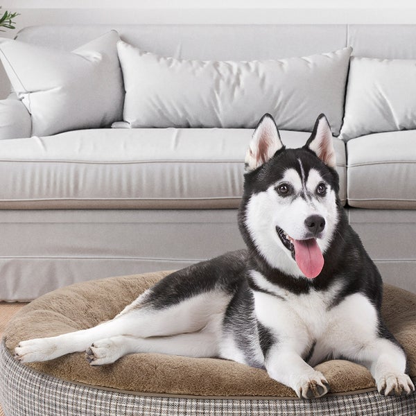 Kirkland Signature 40” Round Nest Pet Bed, Taupe Plaid