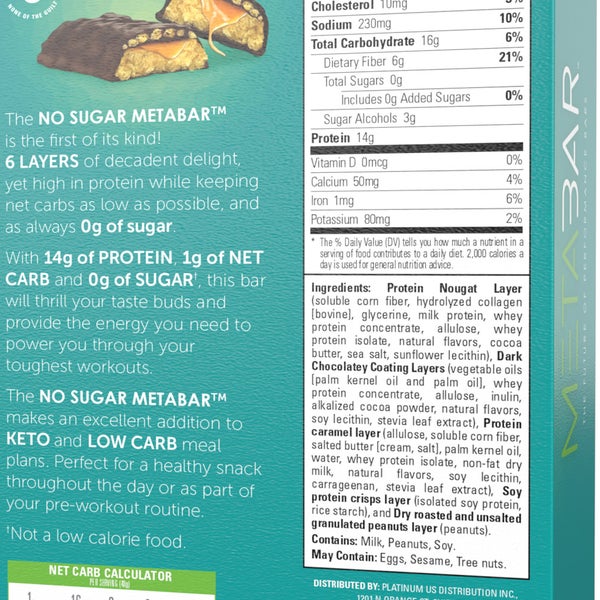 No Sugar METABAR Chocolate Caramel and Peanut Flavor 12-count, 2-pack