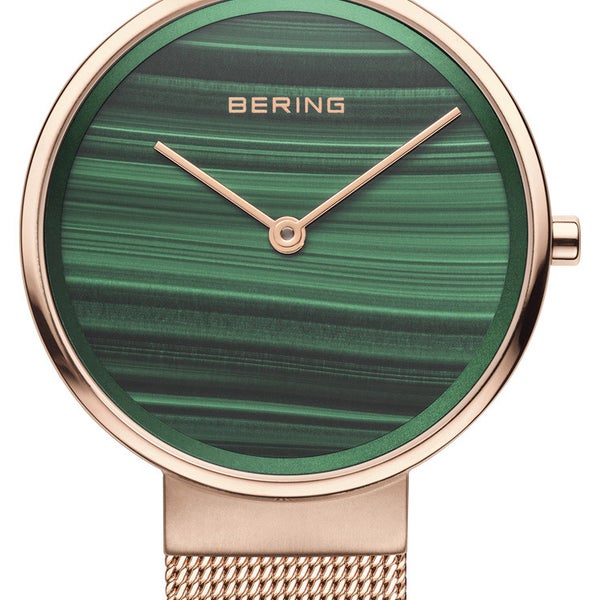 Bering Classic Ladies Rose Tone Stainless Steel Quartz Watch With Genuine Malachite Dial