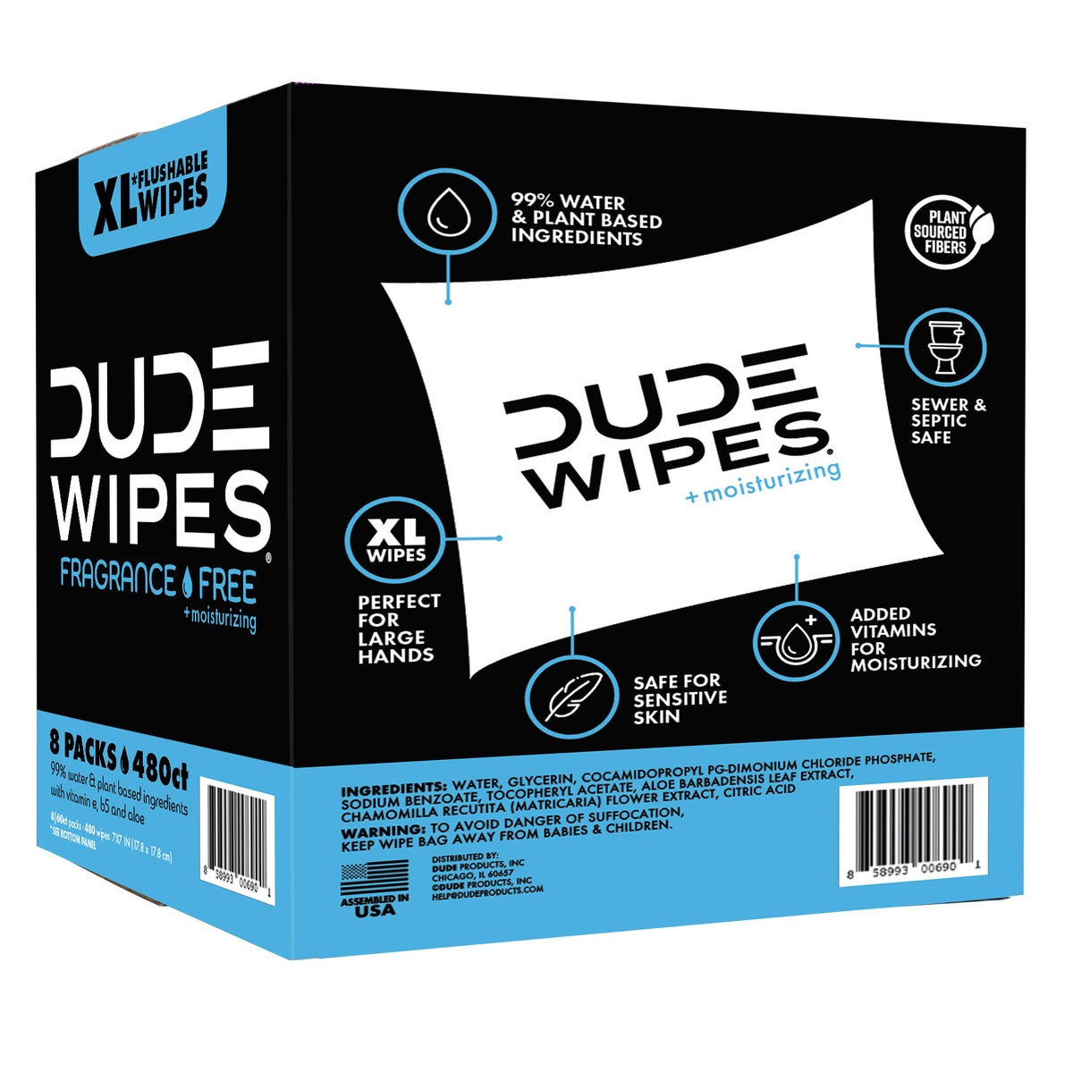 DUDE Wipes Fragrance-Free + Moisturizing XL Flushable Wipes, 480 Wipes
