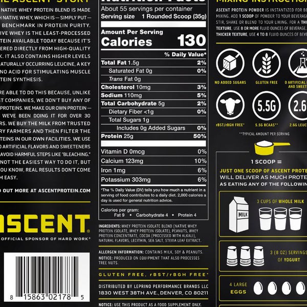 Ascent 100% Whey, Native Whey Protein Blend, Chocolate Peanut Butter, 4.25 lbs