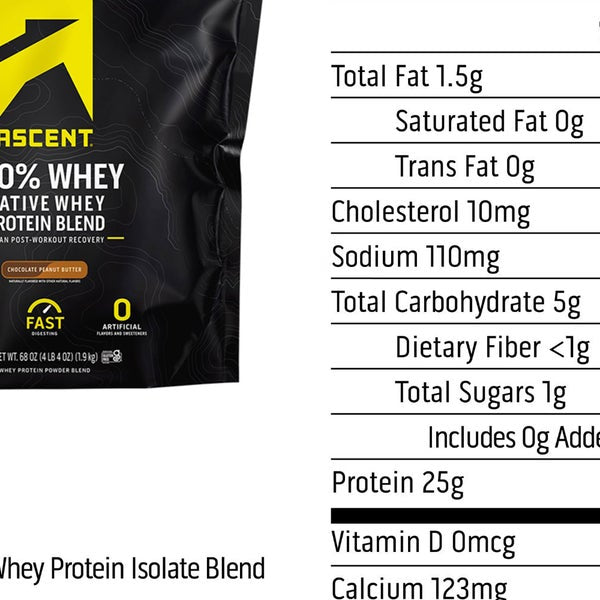 Ascent 100% Whey, Native Whey Protein Blend, Chocolate Peanut Butter, 4.25 lbs