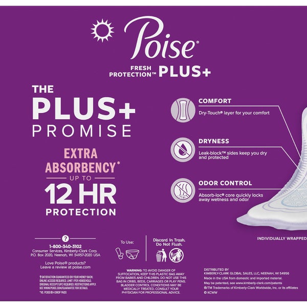 Poise Plus Incontinence Pads, Moderate Absorbency Regular, 204-count