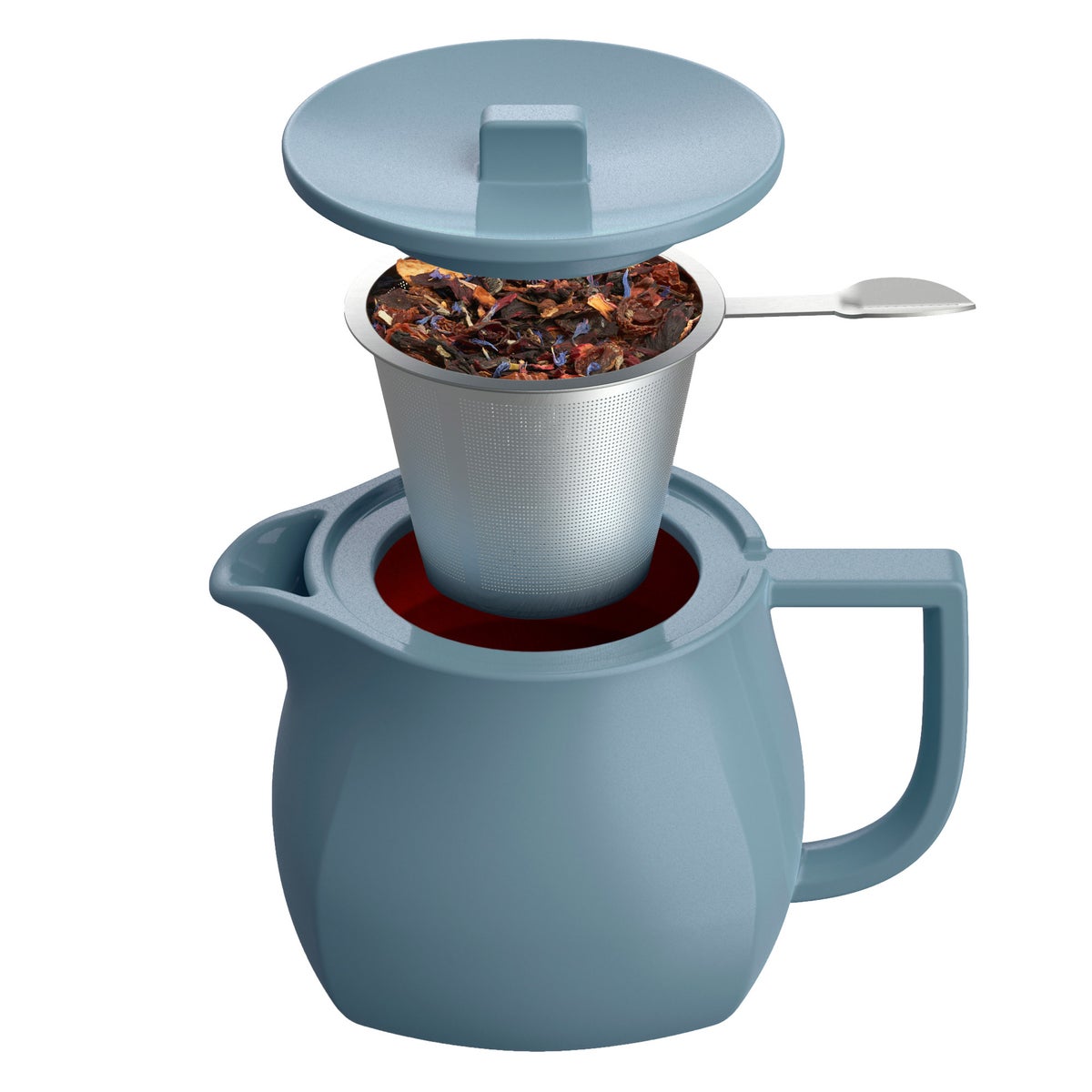 Tea Forte Single Steep Herbal Retreat Tea Bundle with Stone Blue Fiore Teapot, Steeping Cup & 30 Single Steeps Loose Leaf Teas