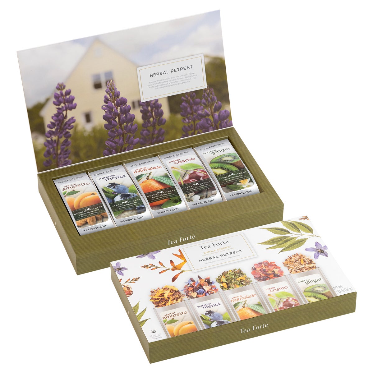 Tea Forte Single Steep Herbal Retreat Tea Bundle with Stone Blue Fiore Teapot, Steeping Cup & 30 Single Steeps Loose Leaf Teas