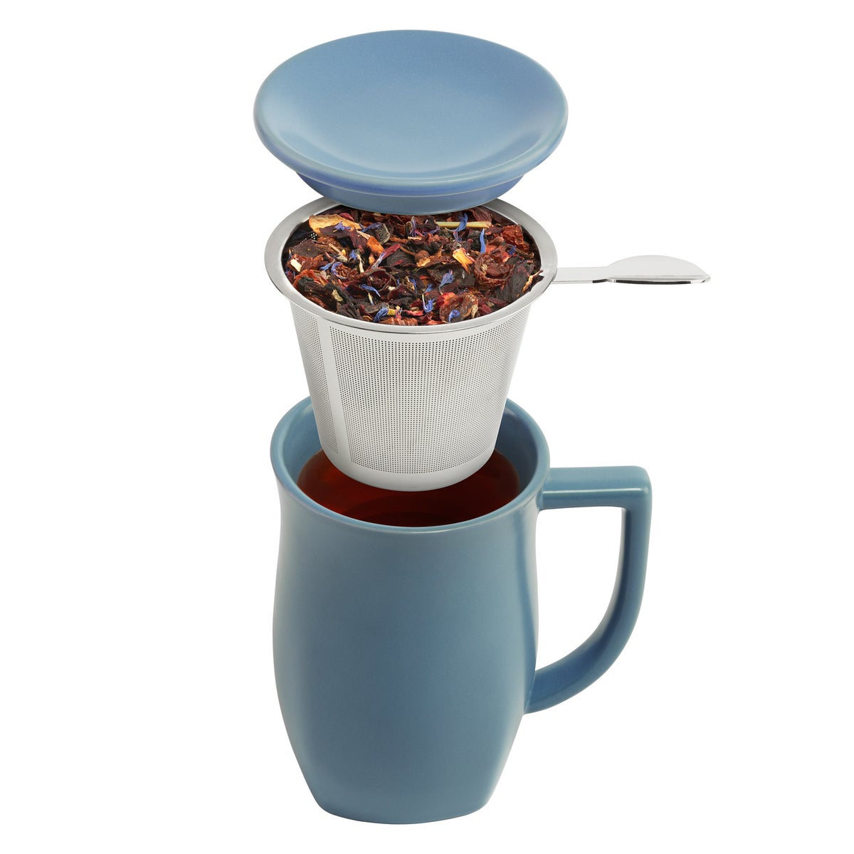 Tea Forte Single Steep Herbal Retreat Tea Bundle with Stone Blue Fiore Teapot, Steeping Cup & 30 Single Steeps Loose Leaf Teas