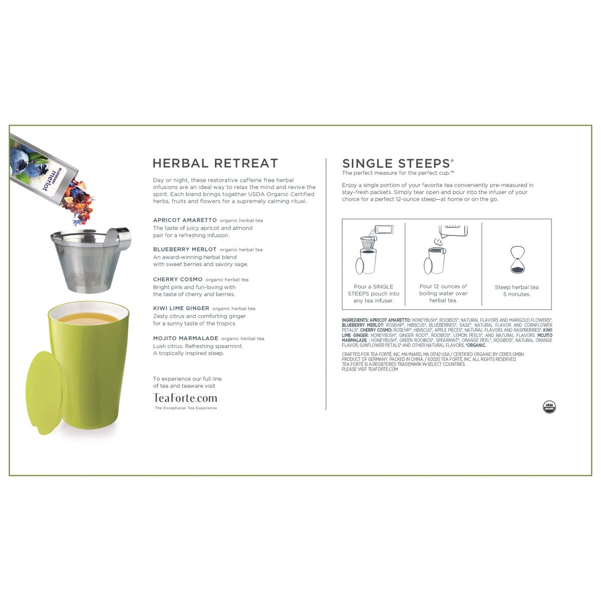 Tea Forte Single Steep Herbal Retreat Tea Bundle with Stone Blue Fiore Teapot, Steeping Cup & 30 Single Steeps Loose Leaf Teas