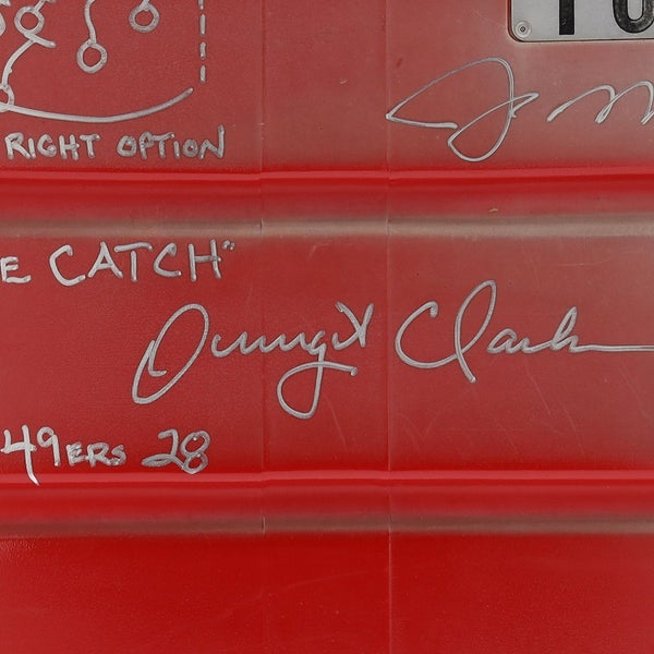 Joe Montana and Dwight Clark Dual Signed Candlestick Red Seatback with Multiple Inscriptions including "The Catch" Play Drawn by Dwight Clark – Fanatics Authenticated