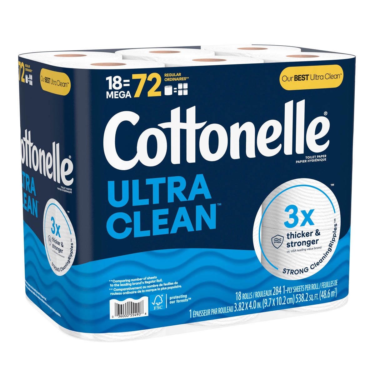 Cottonelle Ultra Clean Bath Tissue, 1-ply, 284 Sheets, 36 Rolls