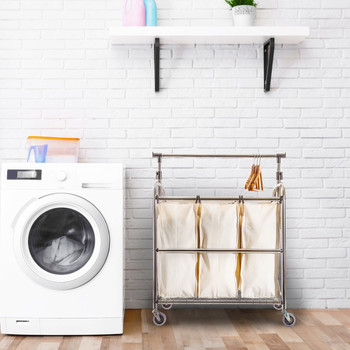 Seville Classics 3-Bag Laundry Sorter with Adjustable Clothes Bar