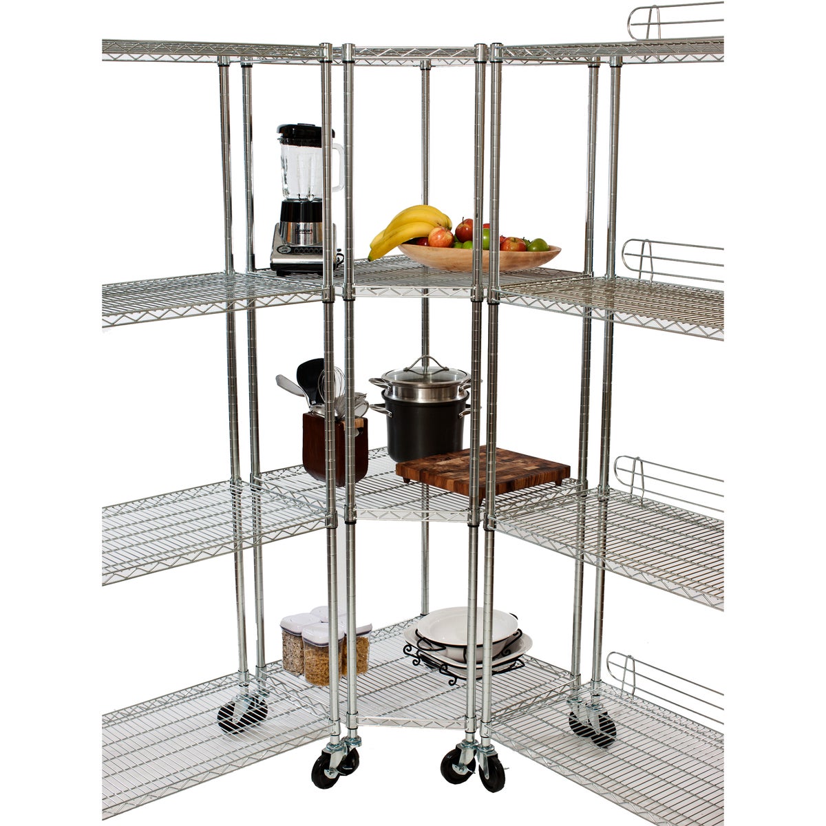 TRINITY EcoStorage 4-Tier Corner Wire Shelving Rack with Wheels, 18" D, NSF, Chrome Color