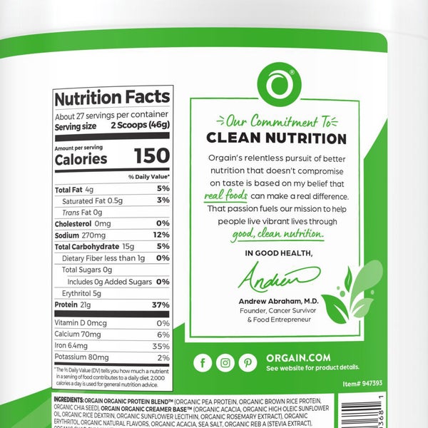 Orgain USDA Organic Plant Protein Powder, Vanilla Bean, 2.74 lbs