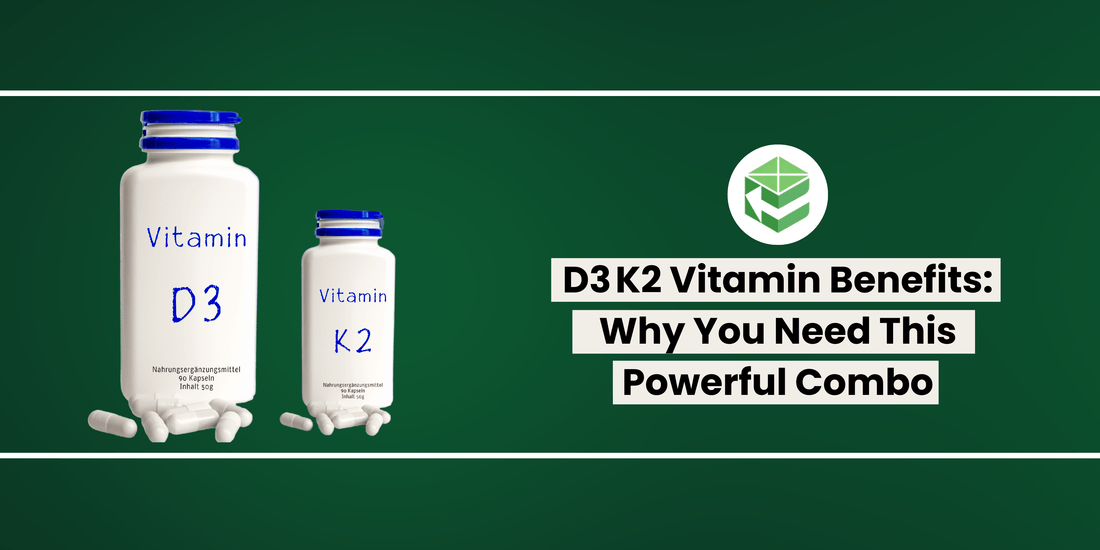 Two white supplement bottles labeled Vitamin D3 and K2 with capsules, illustrating d3 k2 vitamin benefits.