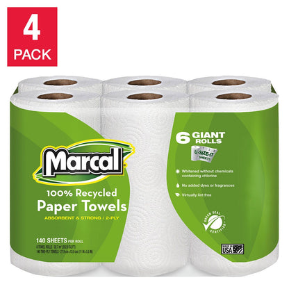 Marcal 100% Recycled Paper Towels, 2-Ply, 140 Sheets, 24 Rolls