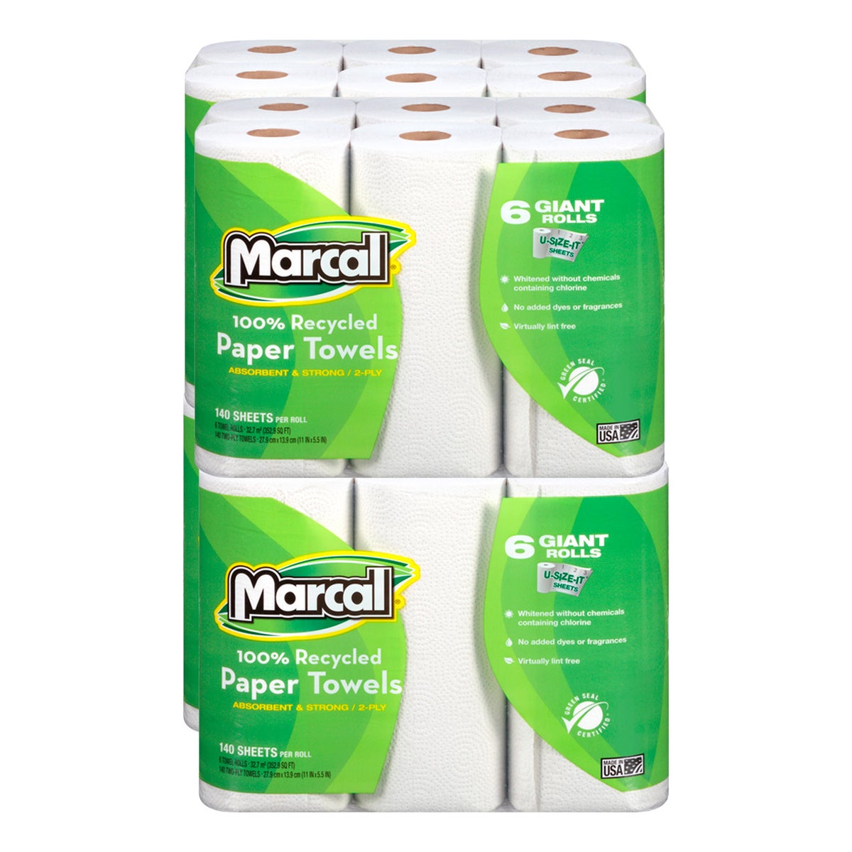 Marcal 100% Recycled Paper Towels, 2-Ply, 140 Sheets, 24 Rolls