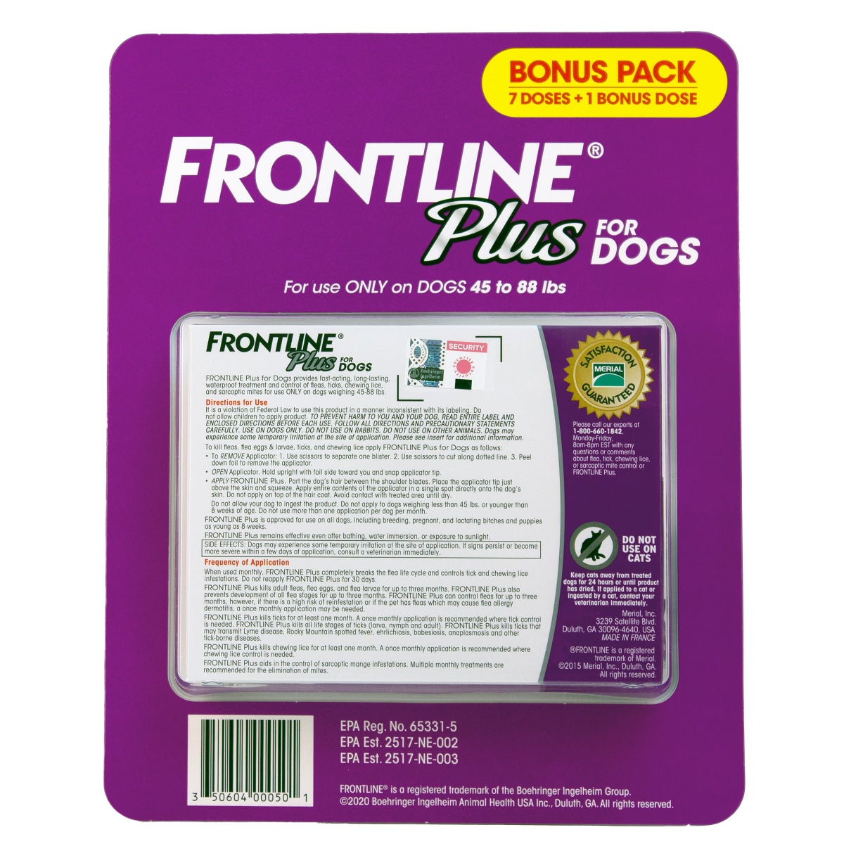 Frontline Plus Flea and Tick Dog Treatment 45-88 lb, 7+1 Doses