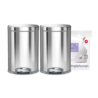 simplehuman 4.5L Round Step Can, 2-pack and Code A Liners, 30-pack