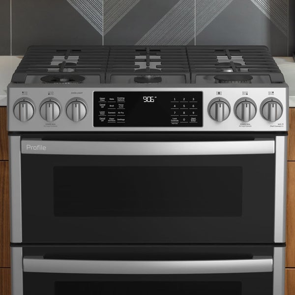 GE Profile 30 Inch. 6.7 cu. ft. Smart Slide-In Front-Control GAS Double Oven Convection Range with No Preheat Air Fry