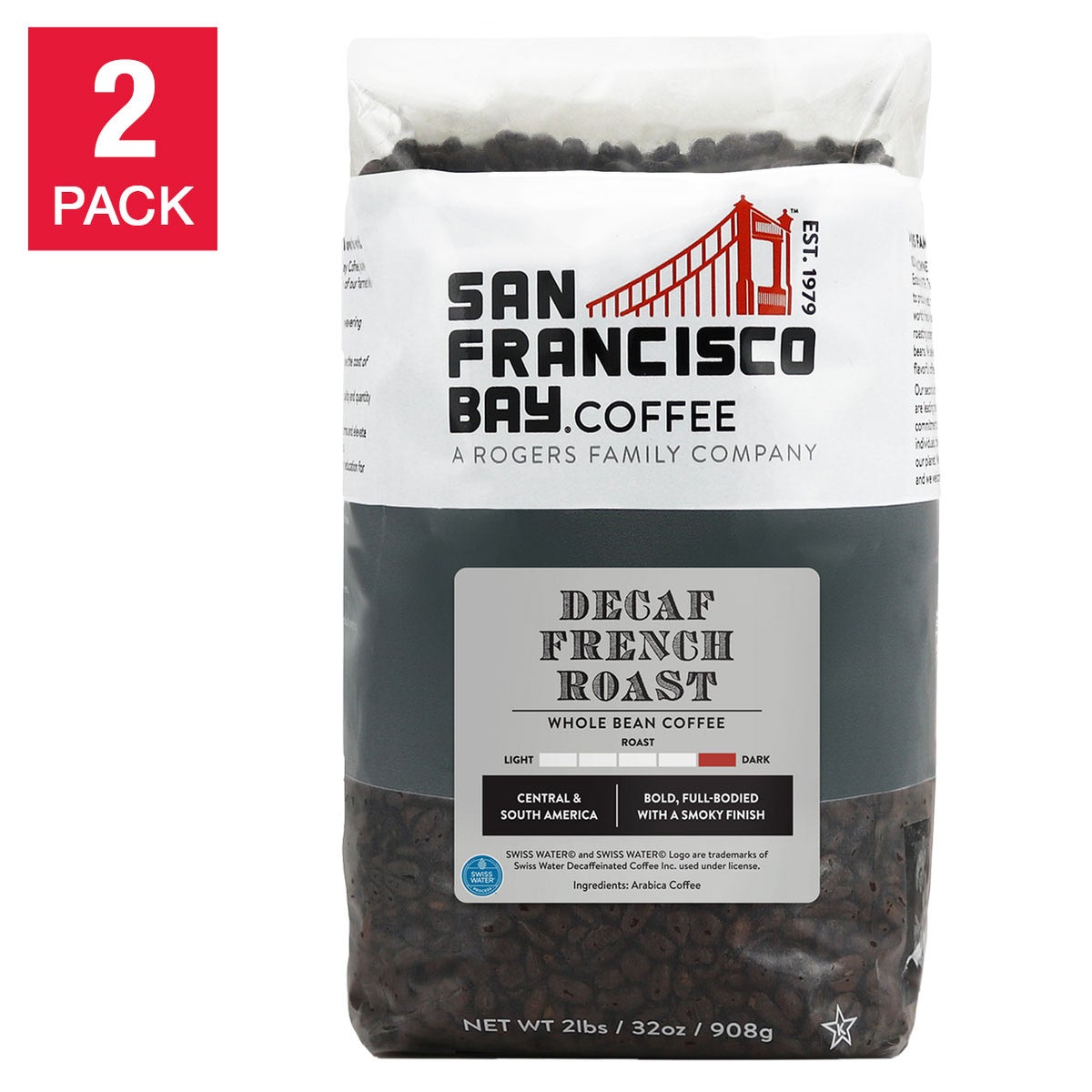 San Francisco Bay Decaf French Roast Whole Bean Coffee 2 lb, 2-pack