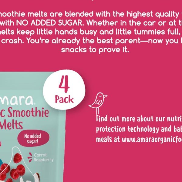 2x Amara Organic Yogurt Smoothie Carrot Raspberry Melts, 4 (1 oz) bag per box