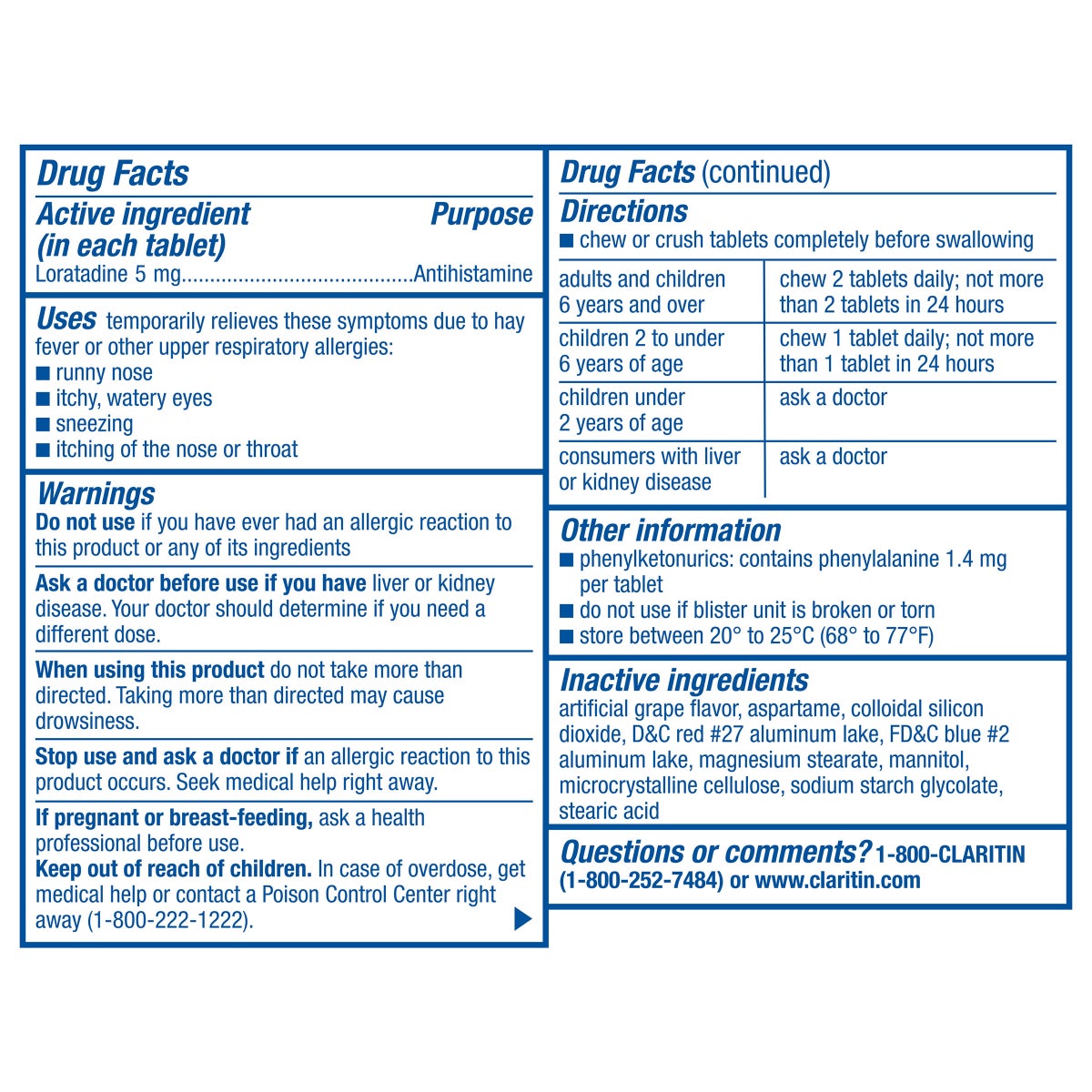 Claritin Children's Chewable 5 mg. 24 Hour Non-Drowsy, 80 Grape Chewable Tablets