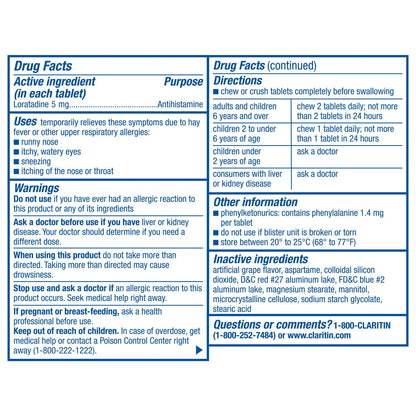 Claritin Children's Chewable 5 mg. 24 Hour Non-Drowsy, 80 Grape Chewable Tablets