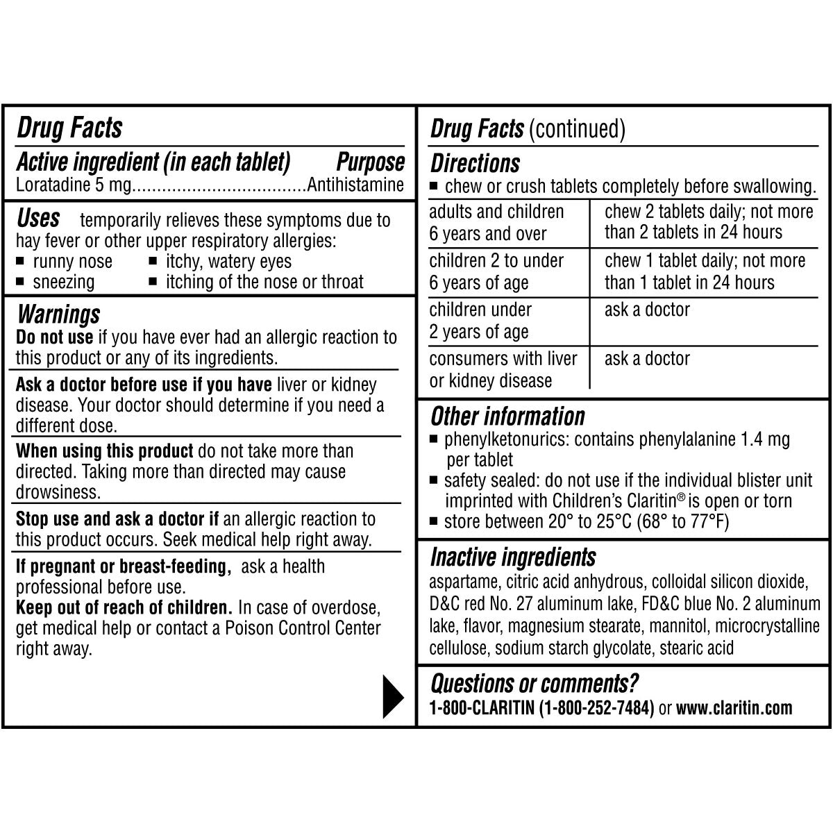 Claritin Children's Chewable 5 mg. 24 Hour Non-Drowsy, 80 Grape Chewable Tablets