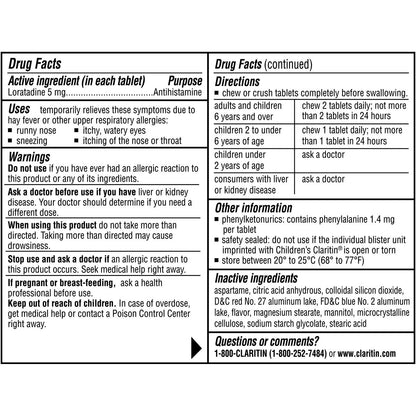 Claritin Children's Chewable 5 mg. 24 Hour Non-Drowsy, 80 Grape Chewable Tablets