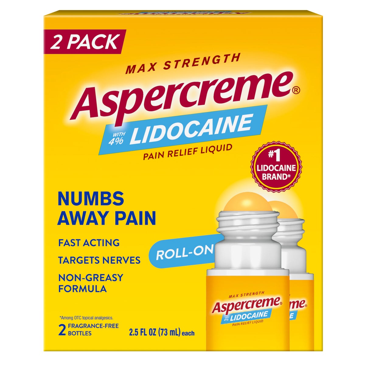 Max Strength Aspercreme 4% Lidocaine Pain Relief Liquid Roll-On, 2 Pack