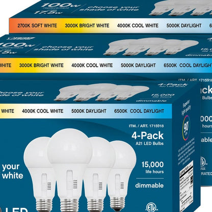 Feit Electric 100W Replacement 5-CCT LED A21 Bulbs, 12-pack