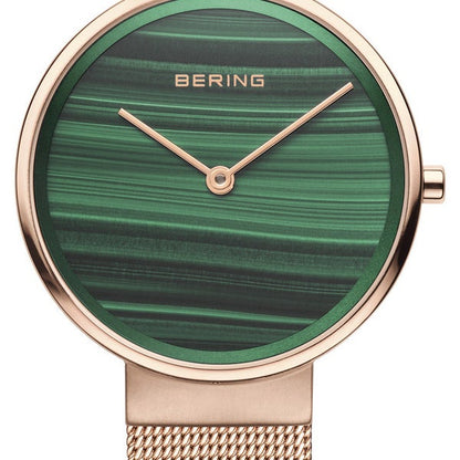 Bering Classic Ladies Rose Tone Stainless Steel Quartz Watch With Genuine Malachite Dial
