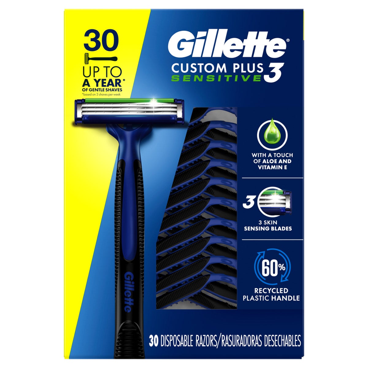 Gillette Custom Plus3 Disposable Razors Sensitive, 30-count