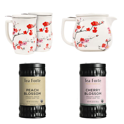 Tea Forte Cherry Blossom & Peach Blossom Loose Tea Bundle with Fiore Sakura Teapot & Steeping Cups