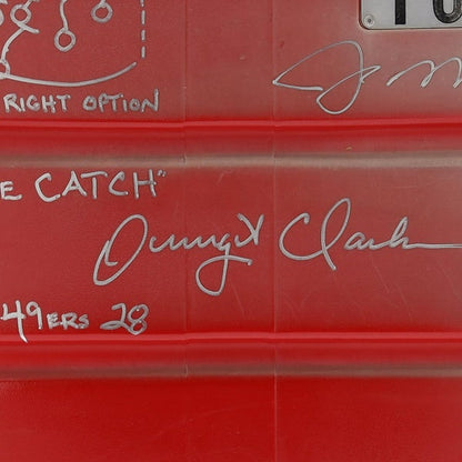 Joe Montana and Dwight Clark Dual Signed Candlestick Red Seatback with Multiple Inscriptions including "The Catch" Play Drawn by Dwight Clark – Fanatics Authenticated