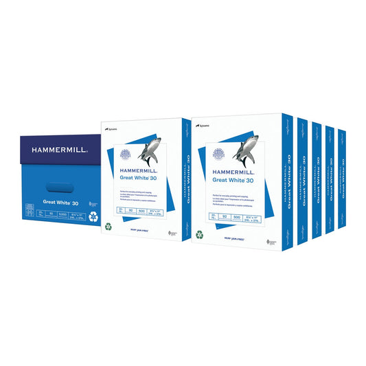 Hammermill Great White, 30% Recycled Printer Paper, Letter, 20lb, 92-Bright, 10 Reams of 500 sheets