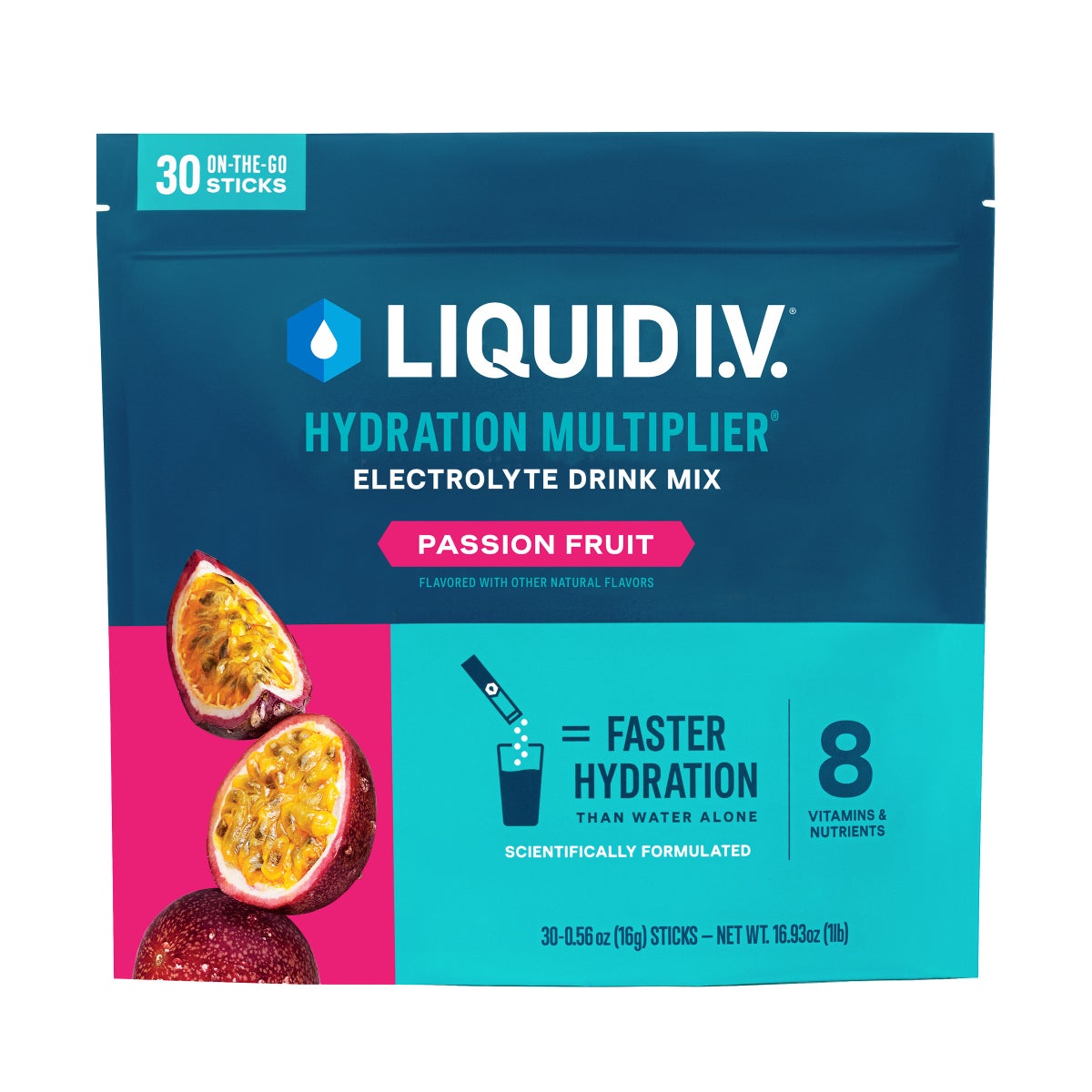 Liquid I.V. Hydration Multiplier, 30 Individual Serving Stick Packs in Resealable Pouch, Passion Fruit